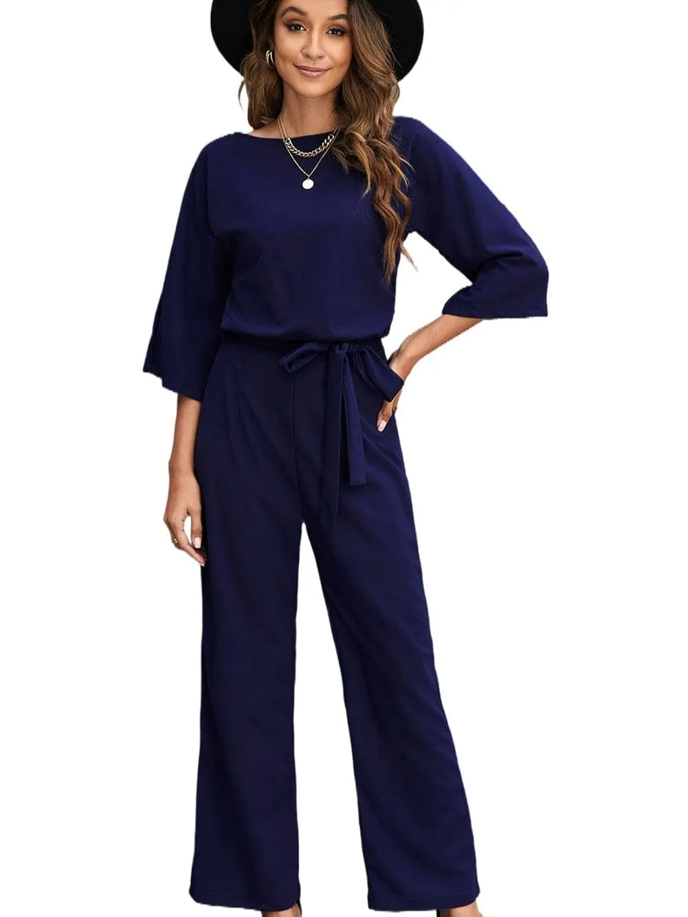 Solid High-necked Long-sleeved Casual Jumpsuit