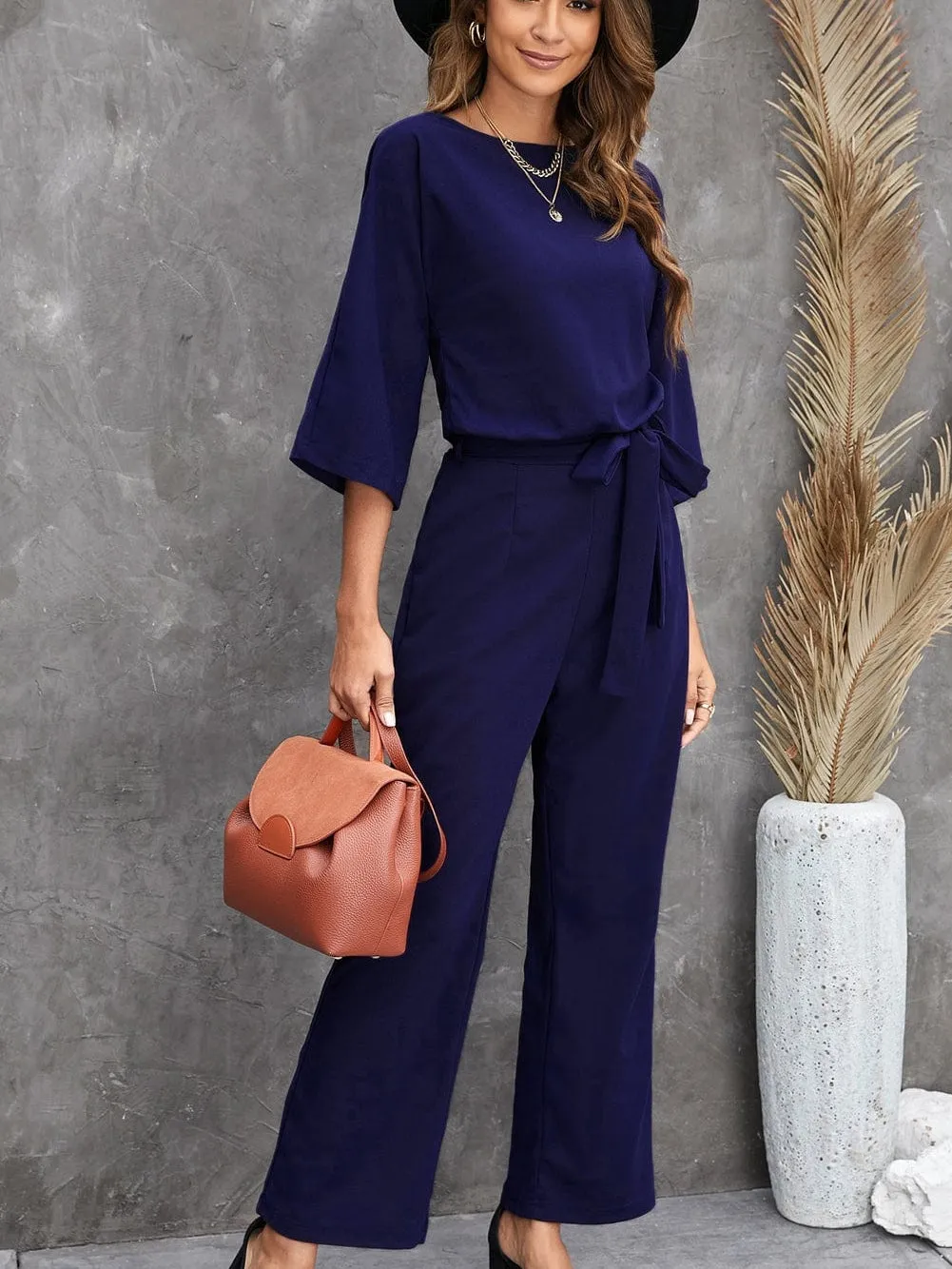 Solid High-necked Long-sleeved Casual Jumpsuit