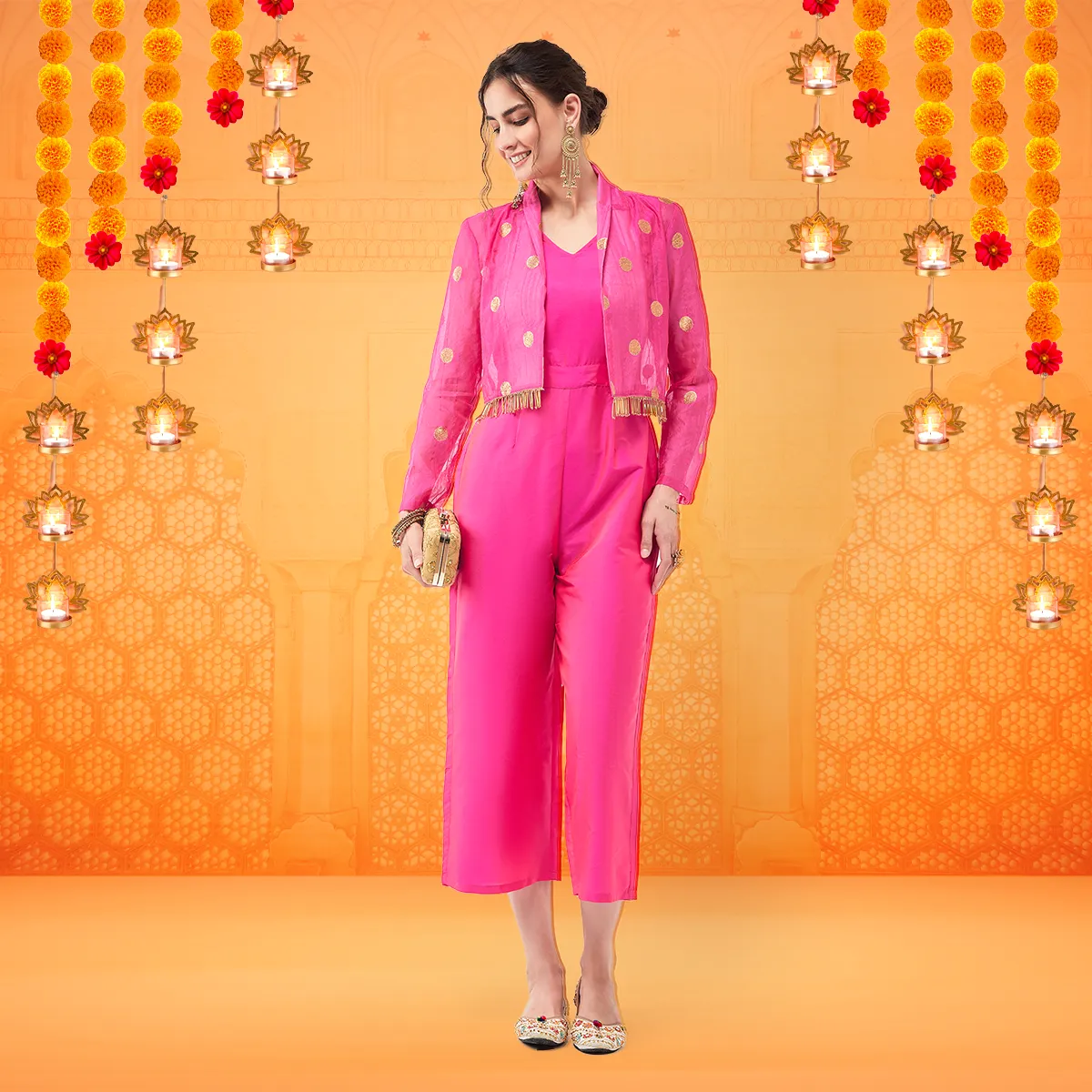 Solid Jumpsuit With Polka Tasseled Blazer