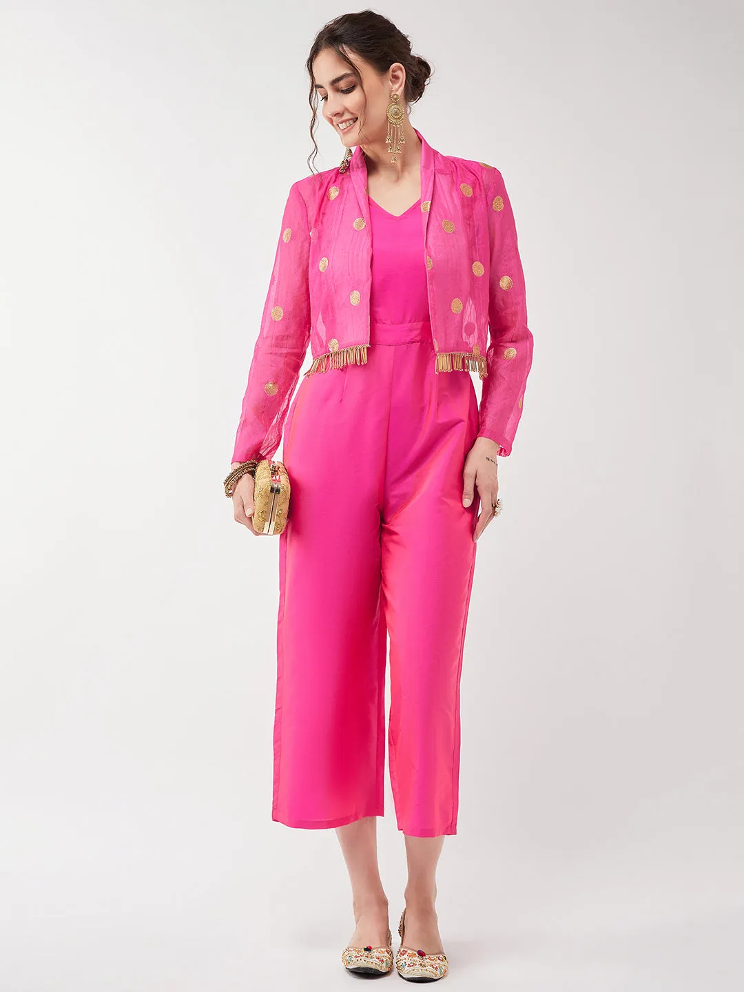 Solid Jumpsuit With Polka Tasseled Blazer