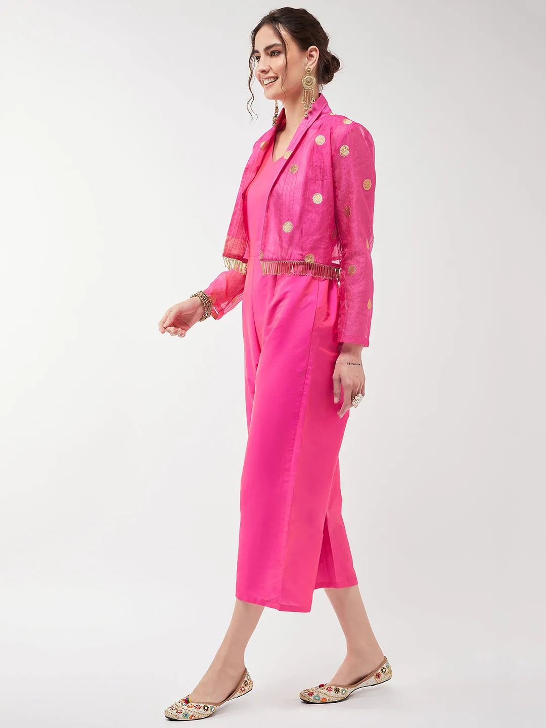 Solid Jumpsuit With Polka Tasseled Blazer