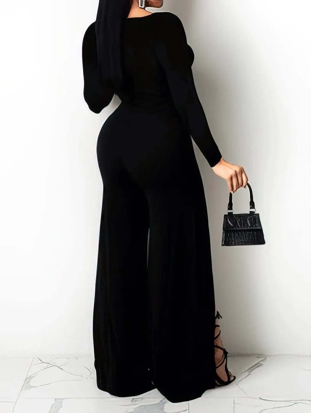 Solid V-Neck Long Sleeve Slit Jumpsuit