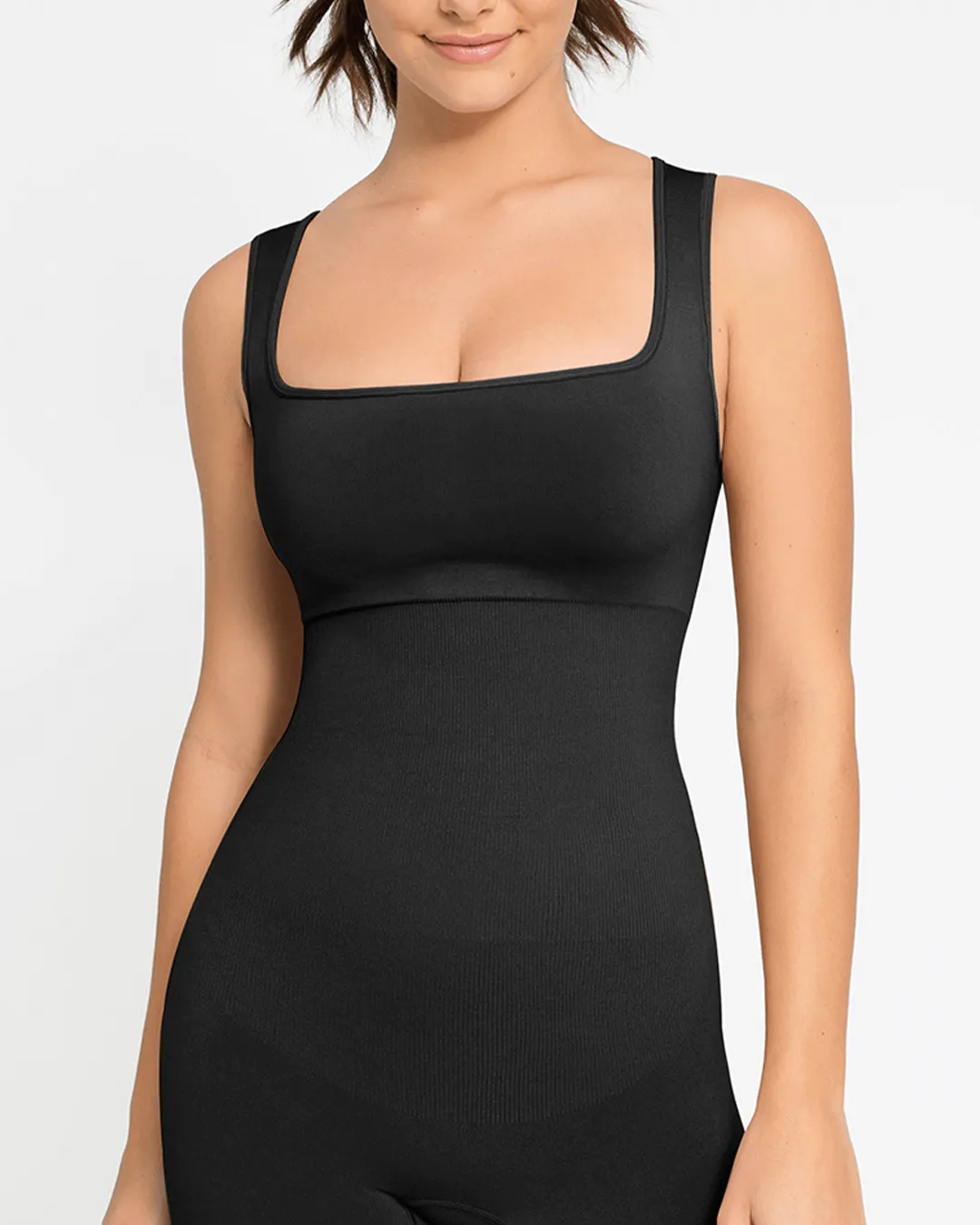 Square Neck Short Jumpsuit - Seamless Shaping - Black