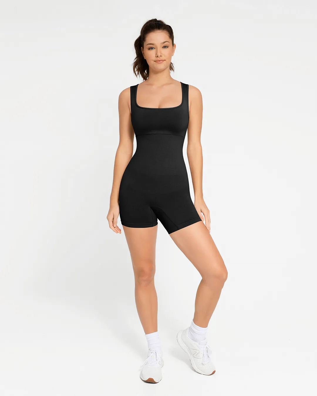 Square Neck Short Jumpsuit - Seamless Shaping - Black