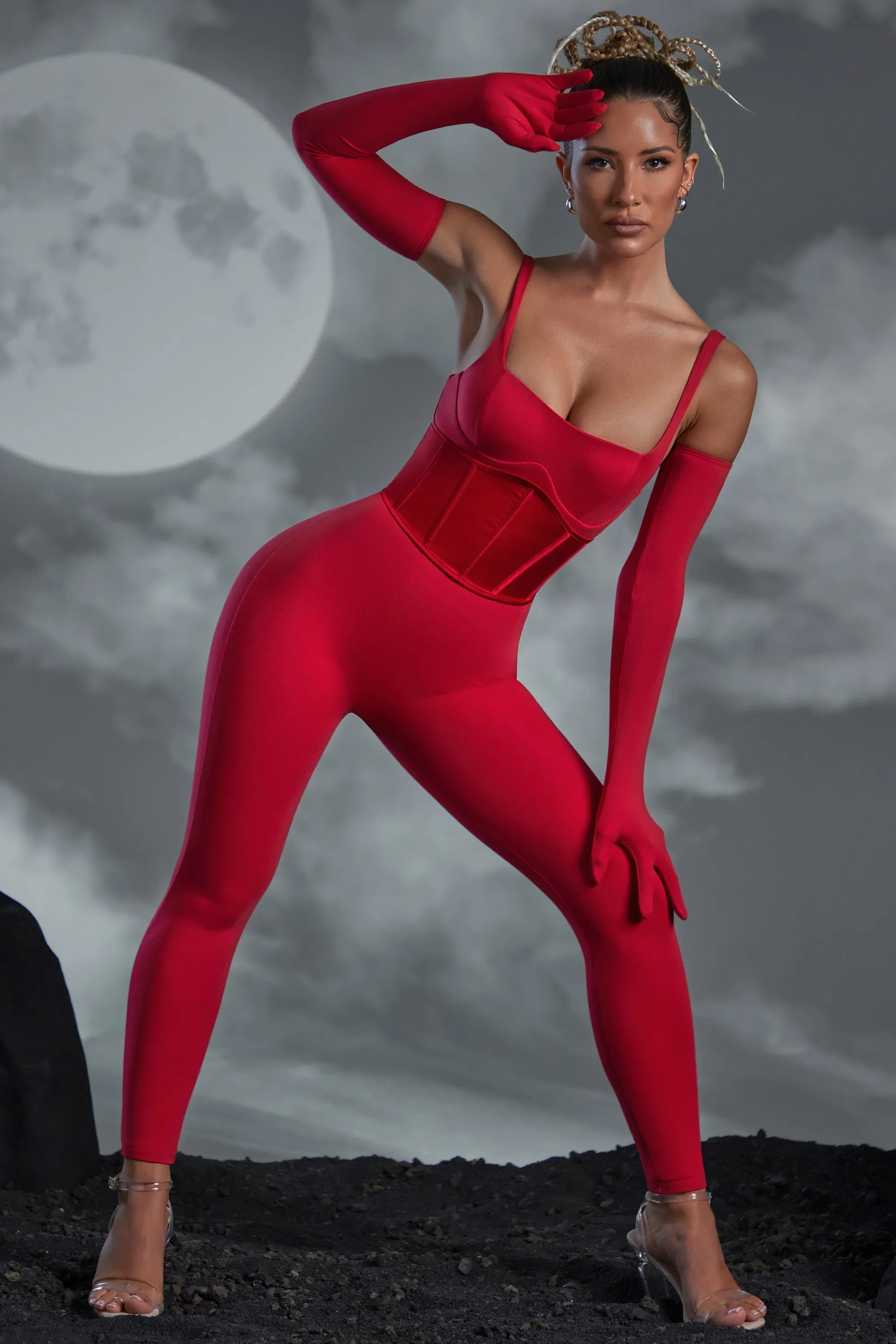 Square Neckline Jumpsuit with Gloves in Red