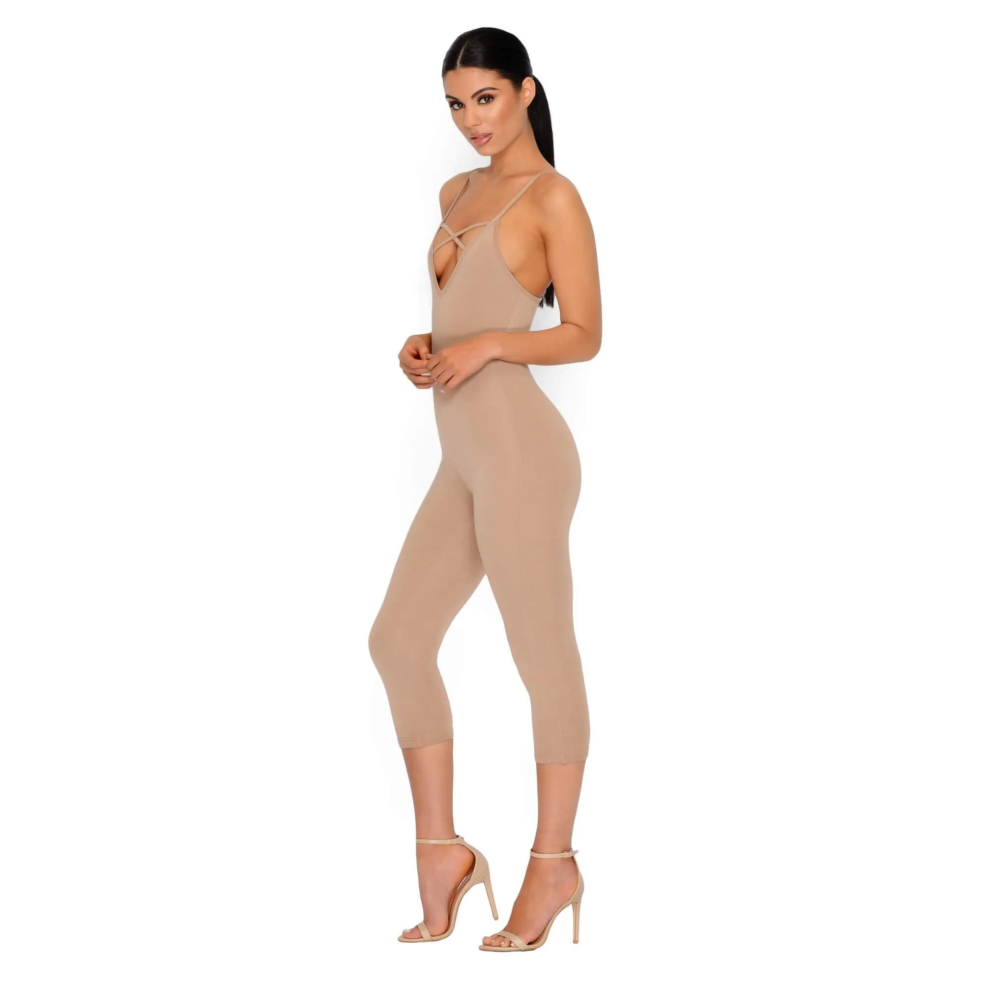 Strap It Together Double Layered Cropped Jumpsuit in Tan