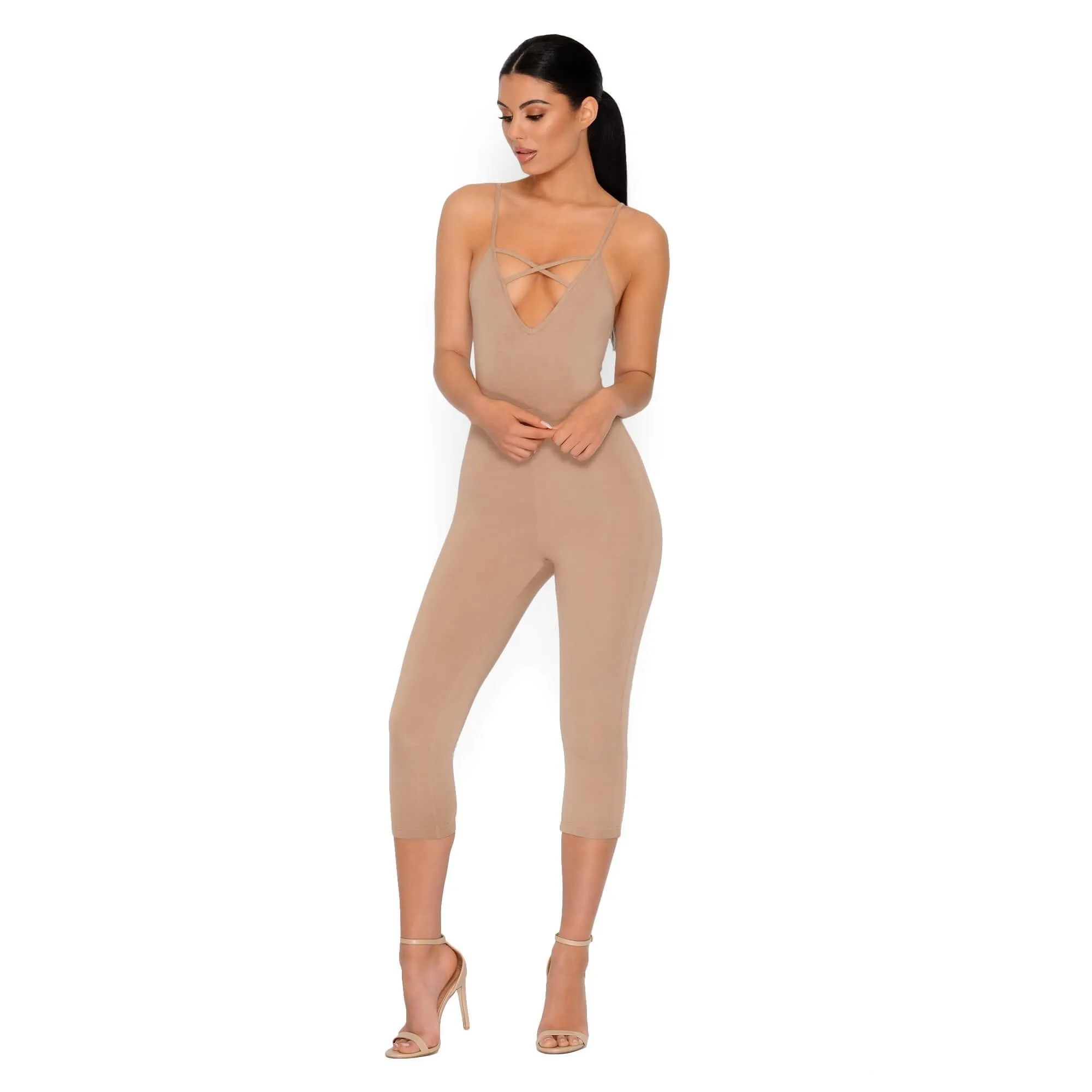 Strap It Together Double Layered Cropped Jumpsuit in Tan