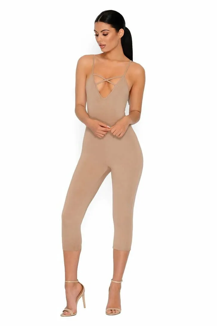 Strap It Together Double Layered Cropped Jumpsuit in Tan