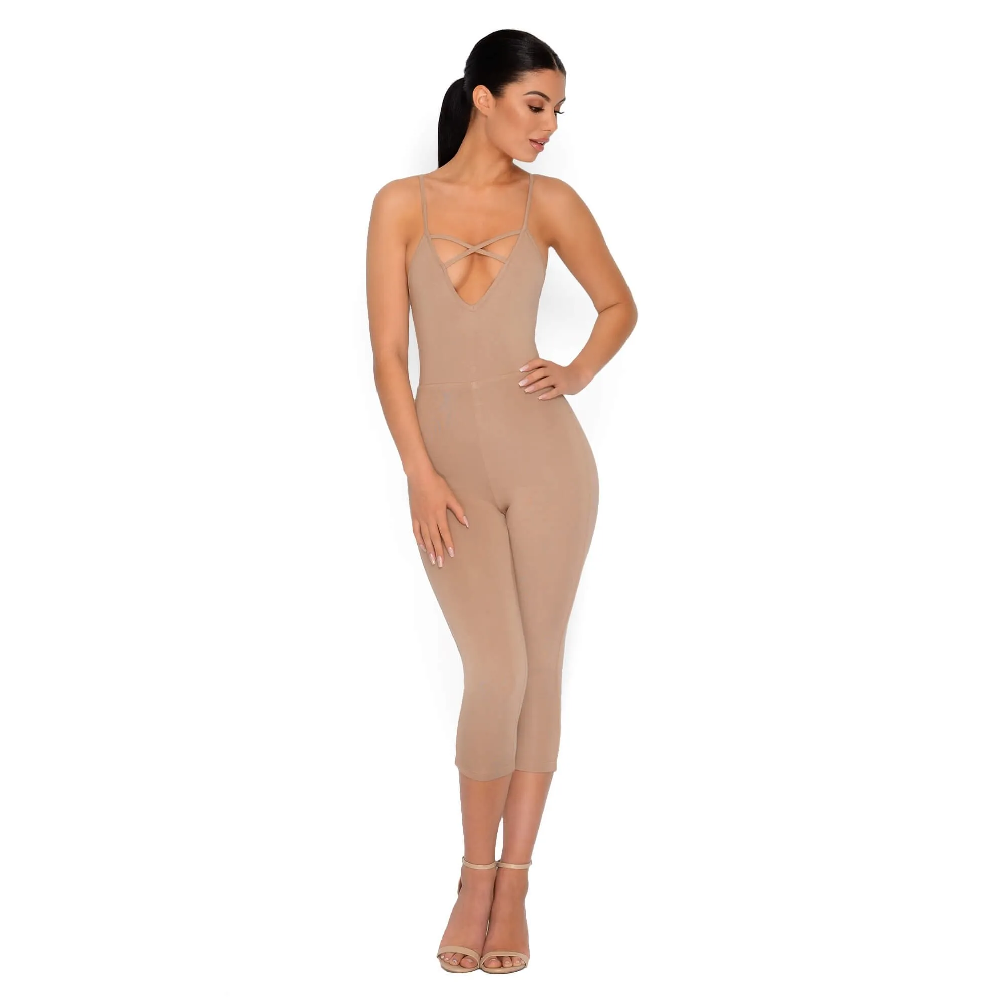 Strap It Together Double Layered Cropped Jumpsuit in Tan