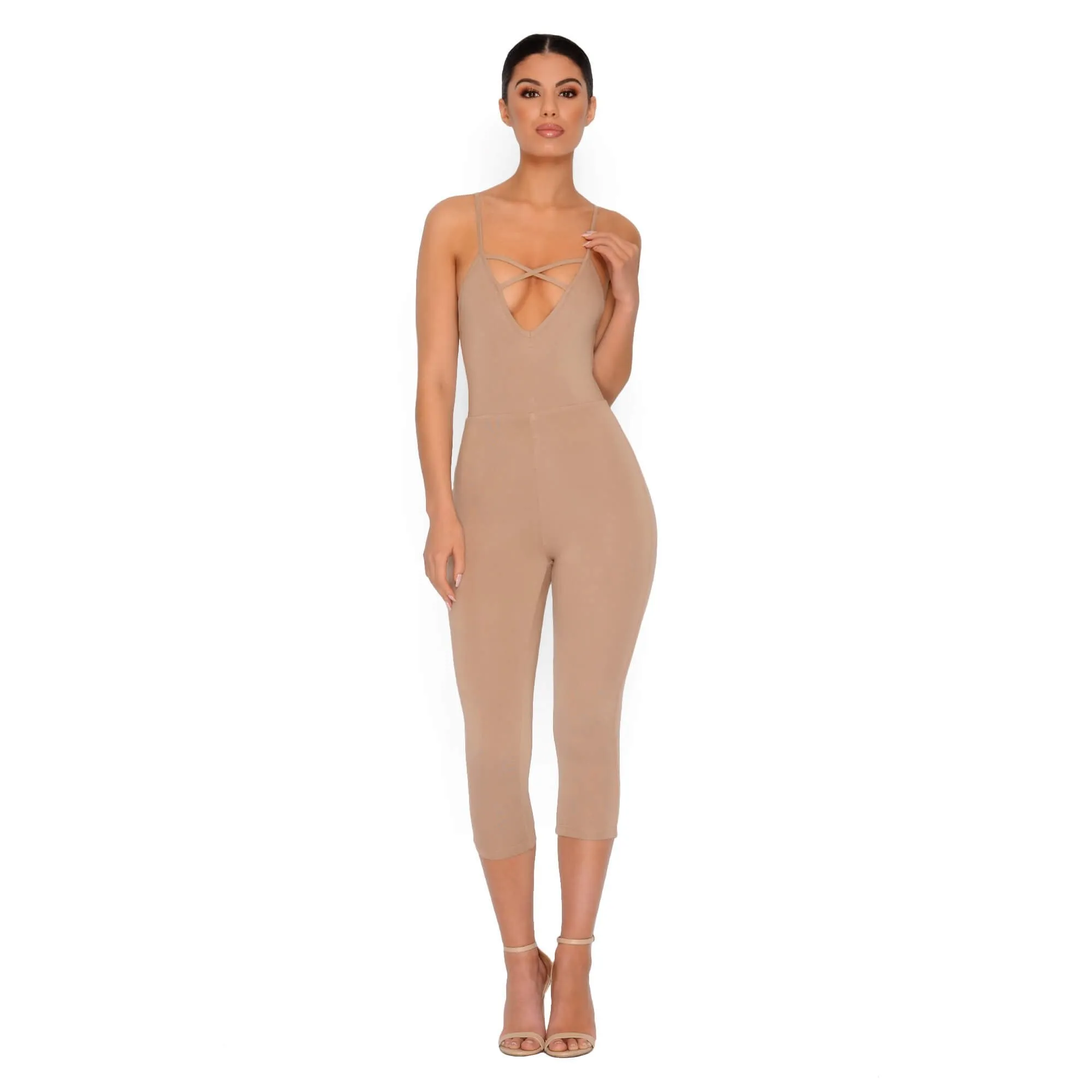 Strap It Together Double Layered Cropped Jumpsuit in Tan