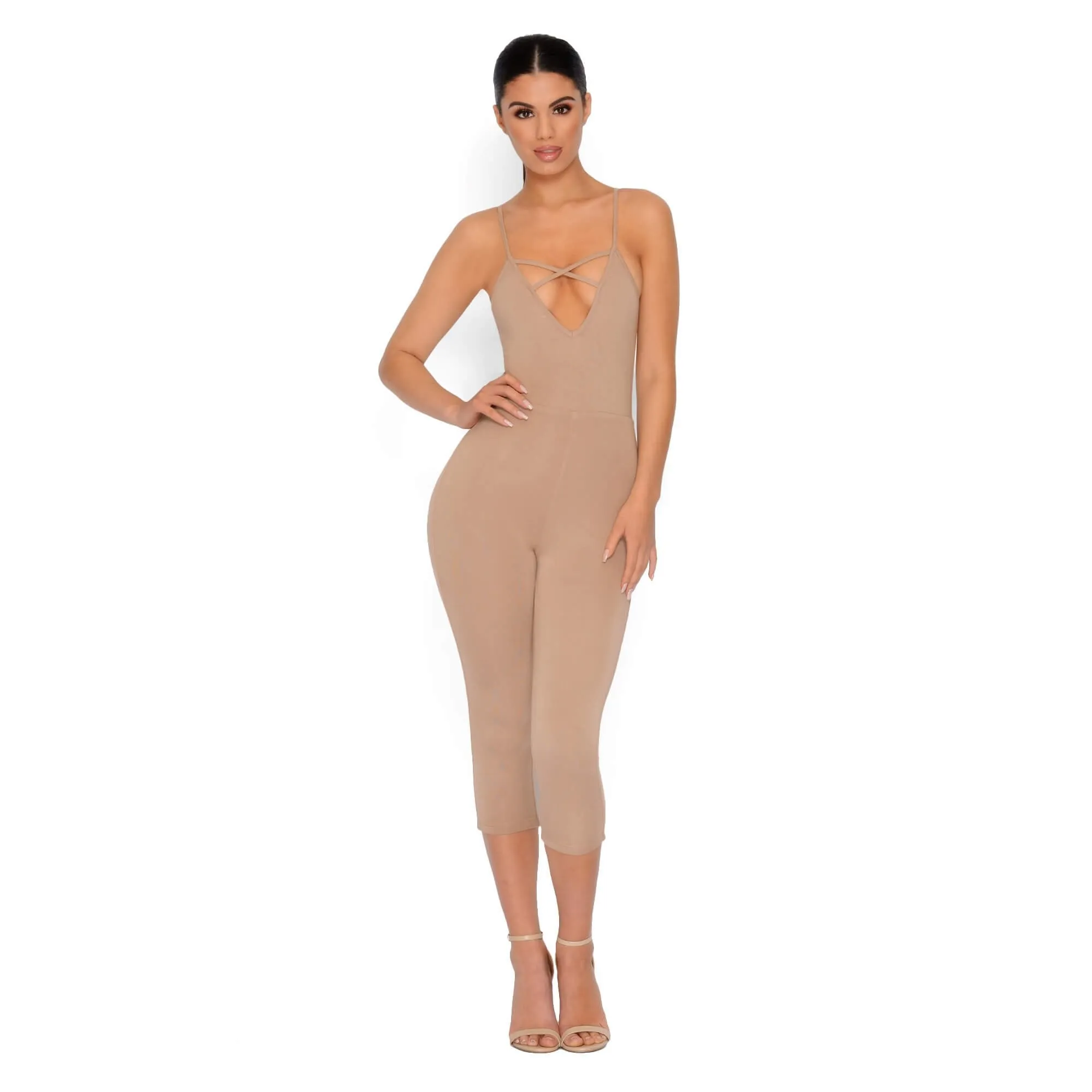 Strap It Together Double Layered Cropped Jumpsuit in Tan