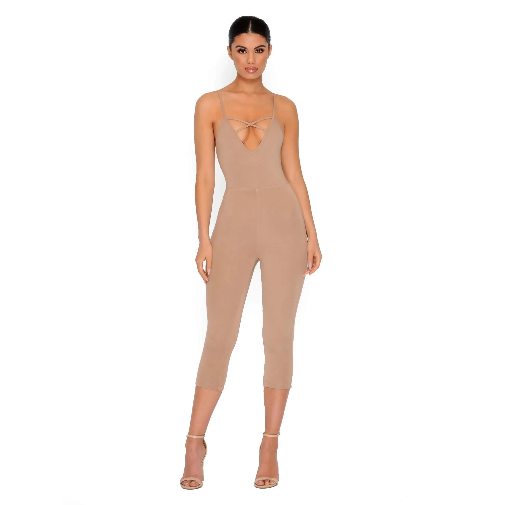 Strap It Together Double Layered Cropped Jumpsuit in Tan