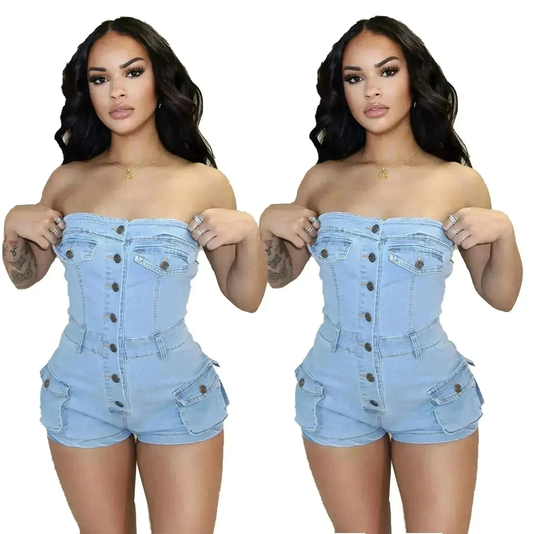 Strapless denim jumpsuit denim tube top jumpsuit  Denim short Jumpsuit women Denim Short Rompers jean romper shortsjean jumpsuit shorts