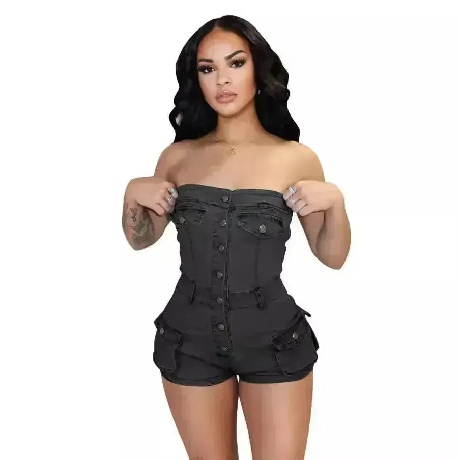 Strapless denim jumpsuit denim tube top jumpsuit  Denim short Jumpsuit women Denim Short Rompers jean romper shortsjean jumpsuit shorts