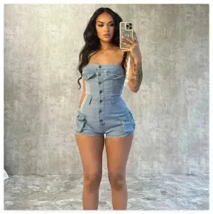 Strapless denim jumpsuit denim tube top jumpsuit  Denim short Jumpsuit women Denim Short Rompers jean romper shortsjean jumpsuit shorts