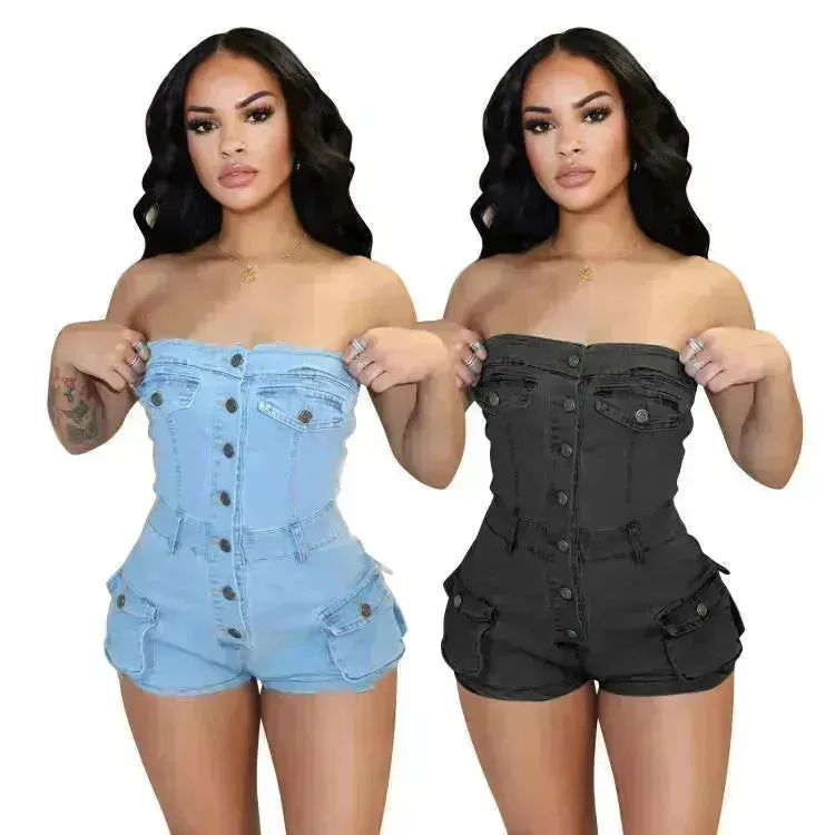 Strapless denim jumpsuit denim tube top jumpsuit  Denim short Jumpsuit women Denim Short Rompers jean romper shortsjean jumpsuit shorts