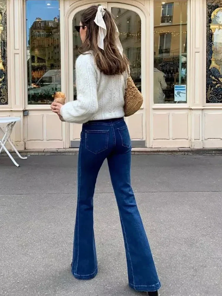 Streetwear High Summer Fashion Flare Waisted Long Bodycon Elastic Blue Jeans