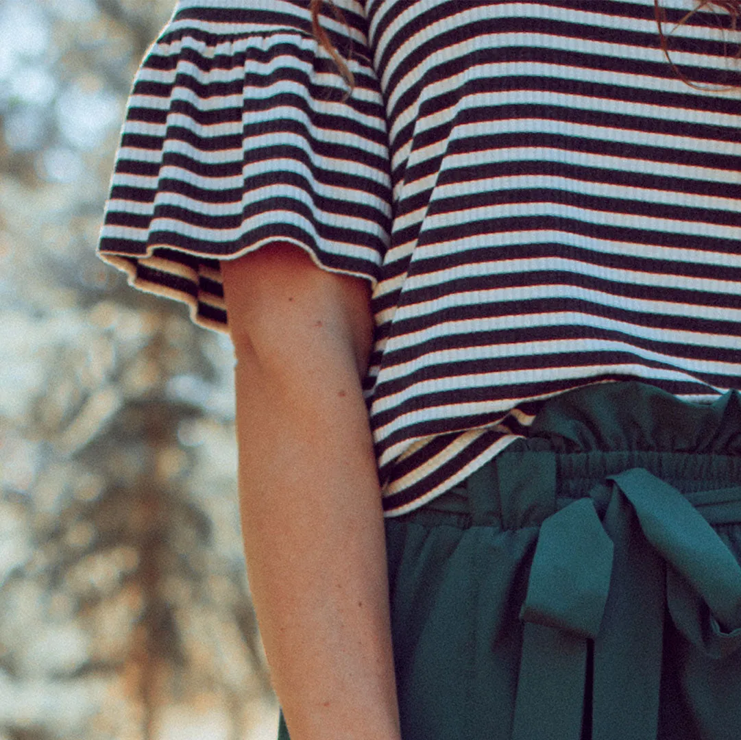 Stripe Ruffle Sleeve Tee, Charcoal