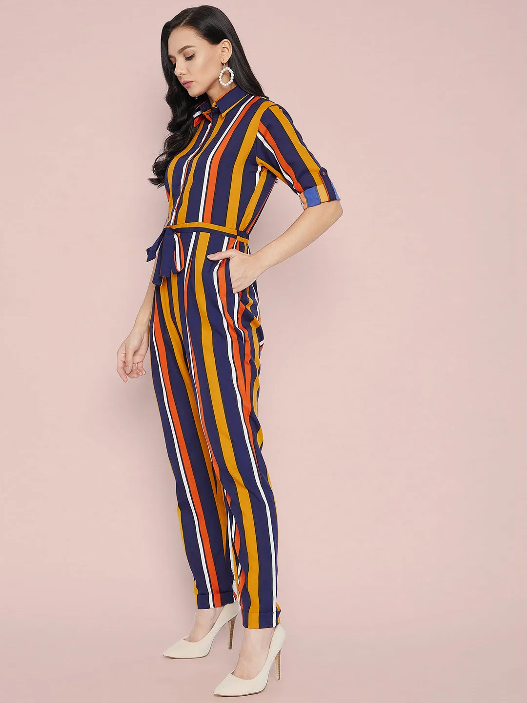 Striped Roll Up Jumpsuit