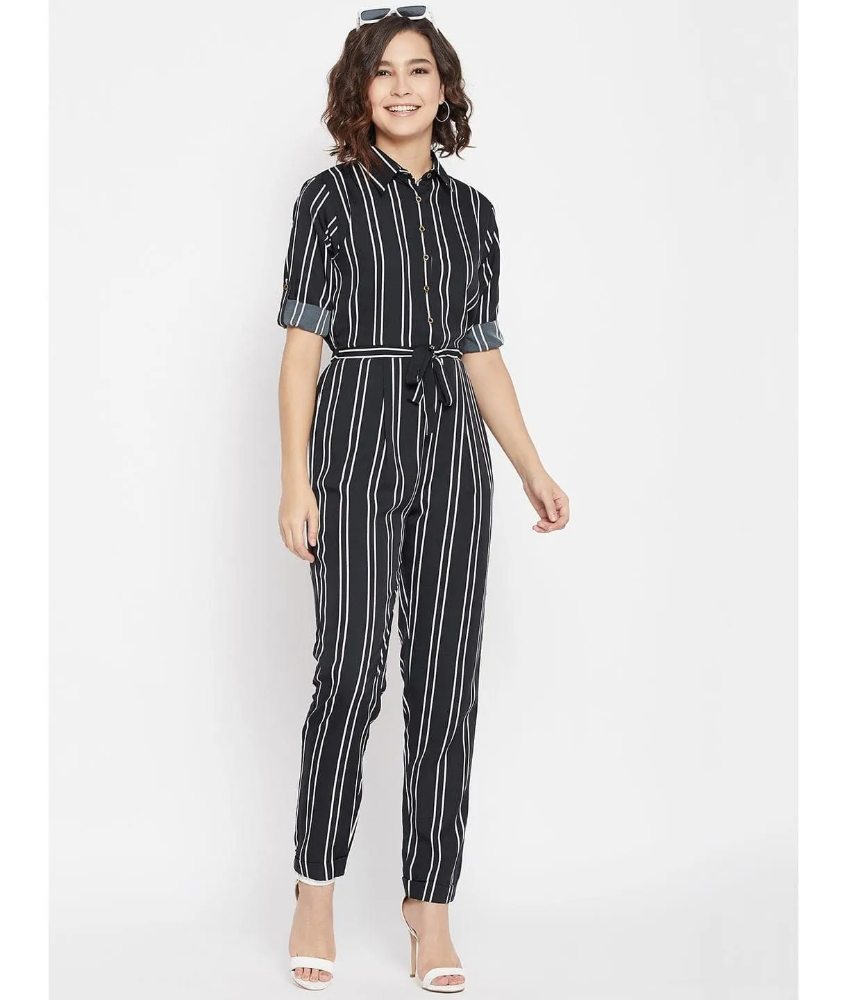 Striped Roll Up Jumpsuit