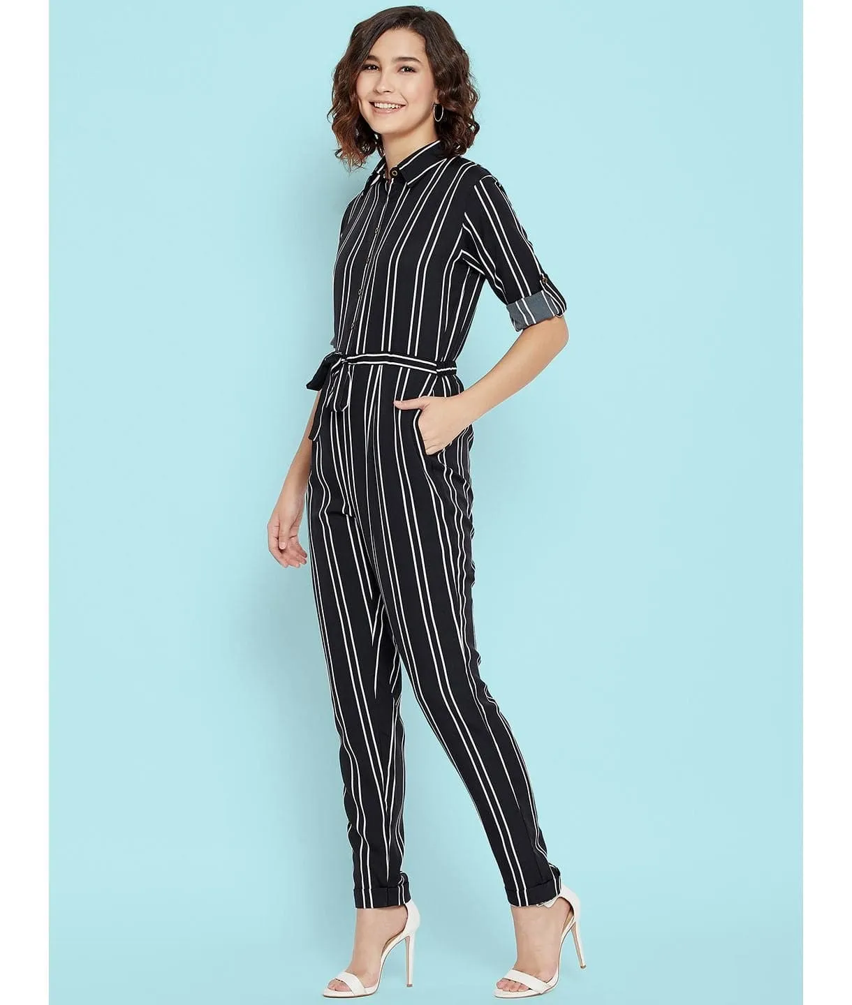 Striped Roll Up Jumpsuit