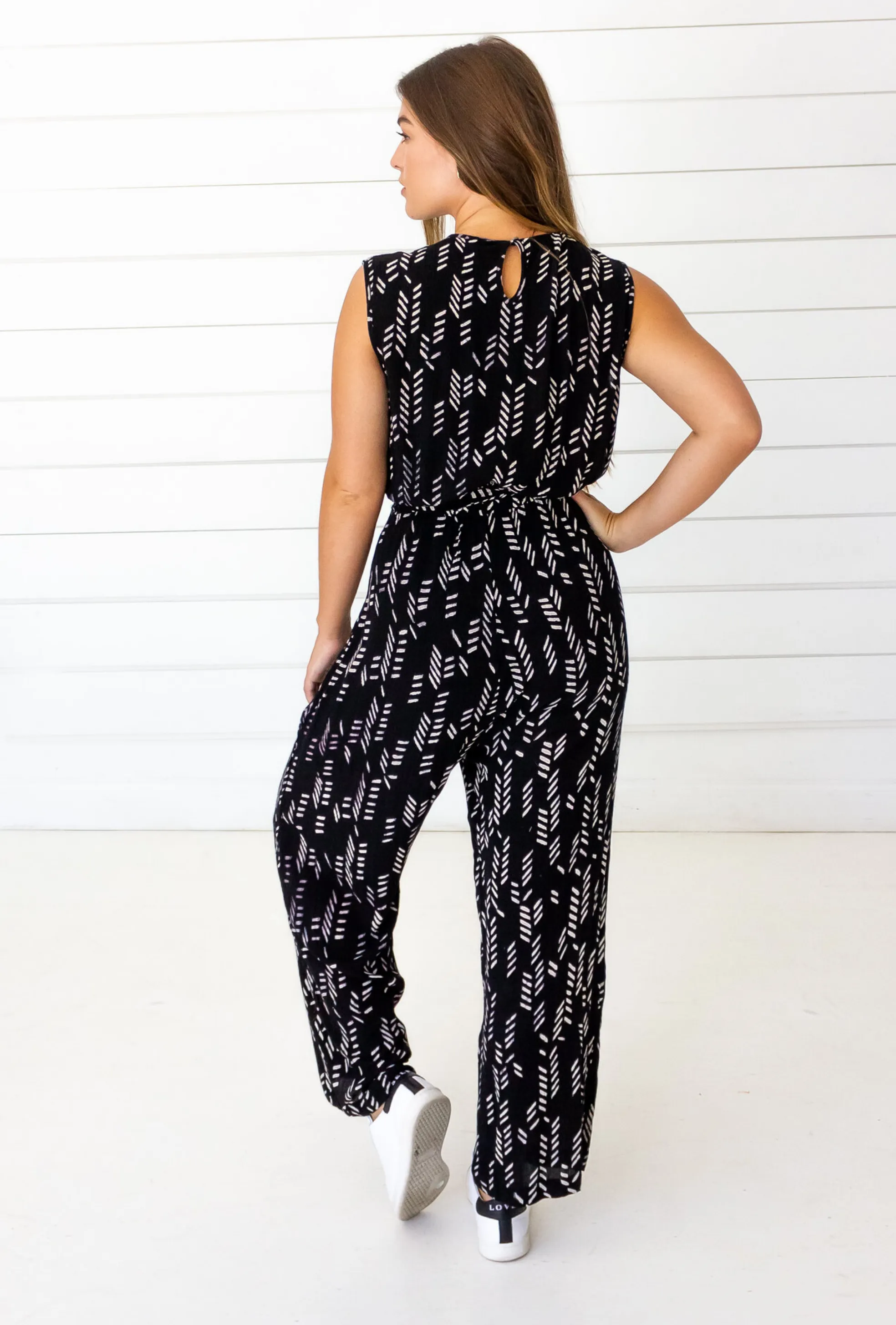 Stylized Feather Sleeveless Jumpsuit in Black   Cream