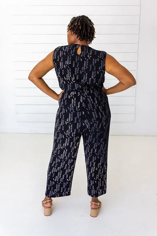 Stylized Feather Sleeveless Jumpsuit in Black   Cream