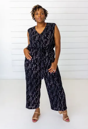 Stylized Feather Sleeveless Jumpsuit in Black   Cream