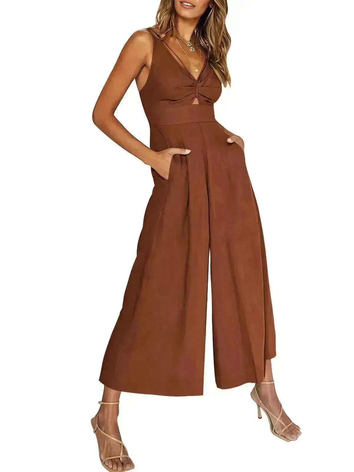 Summer V-neck Brace Hollow Out Pleating High Waist Wide Leg Pocket Women's Jumpsuit