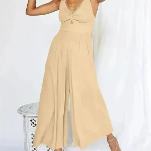 Summer V-neck Brace Hollow Out Pleating High Waist Wide Leg Pocket Women's Jumpsuit