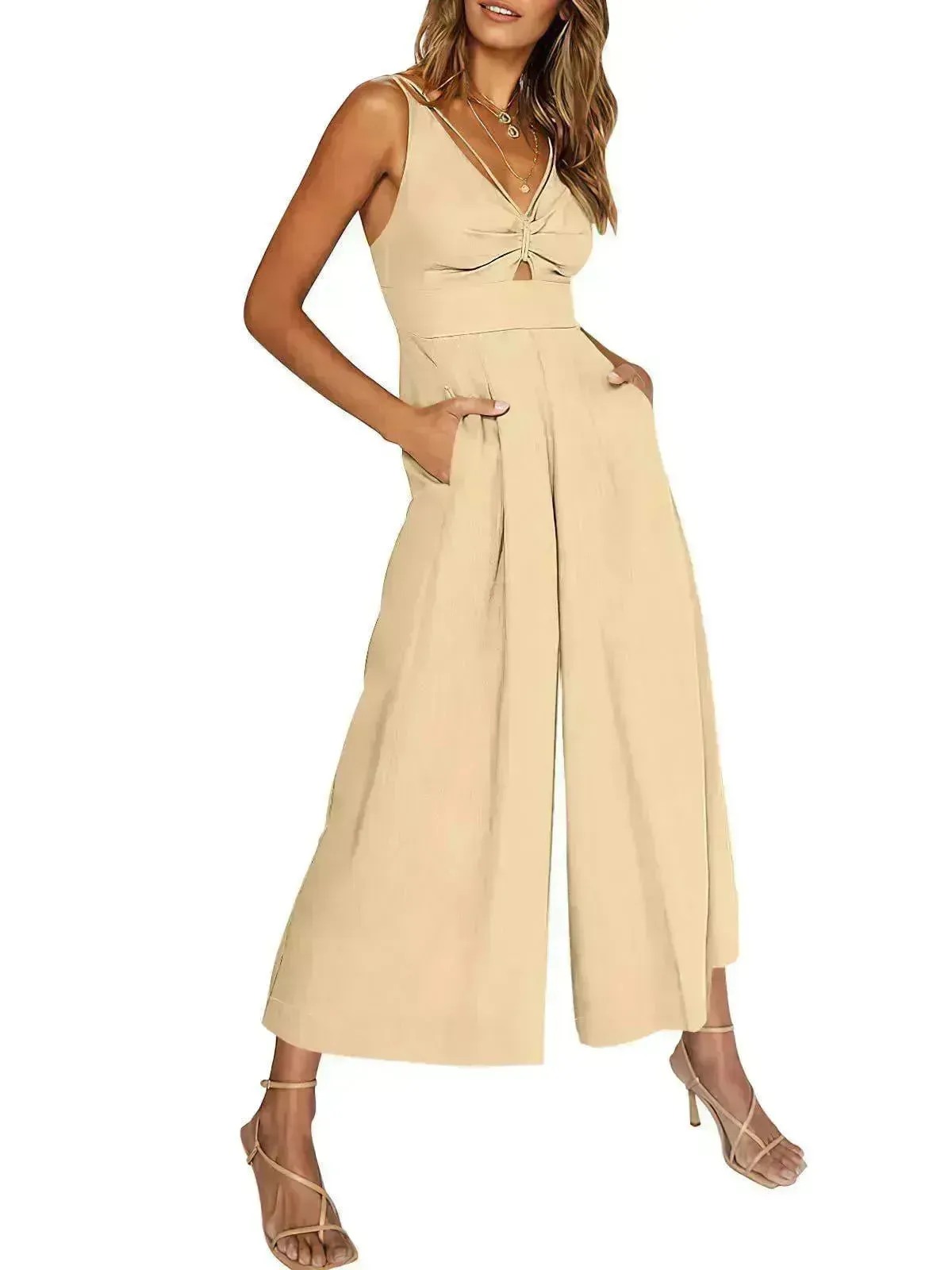 Summer V-neck Brace Hollow Out Pleating High Waist Wide Leg Pocket Women's Jumpsuit