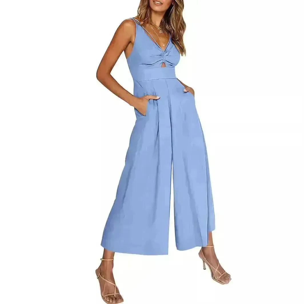 Summer V-neck Brace Hollow Out Pleating High Waist Wide Leg Pocket Women's Jumpsuit