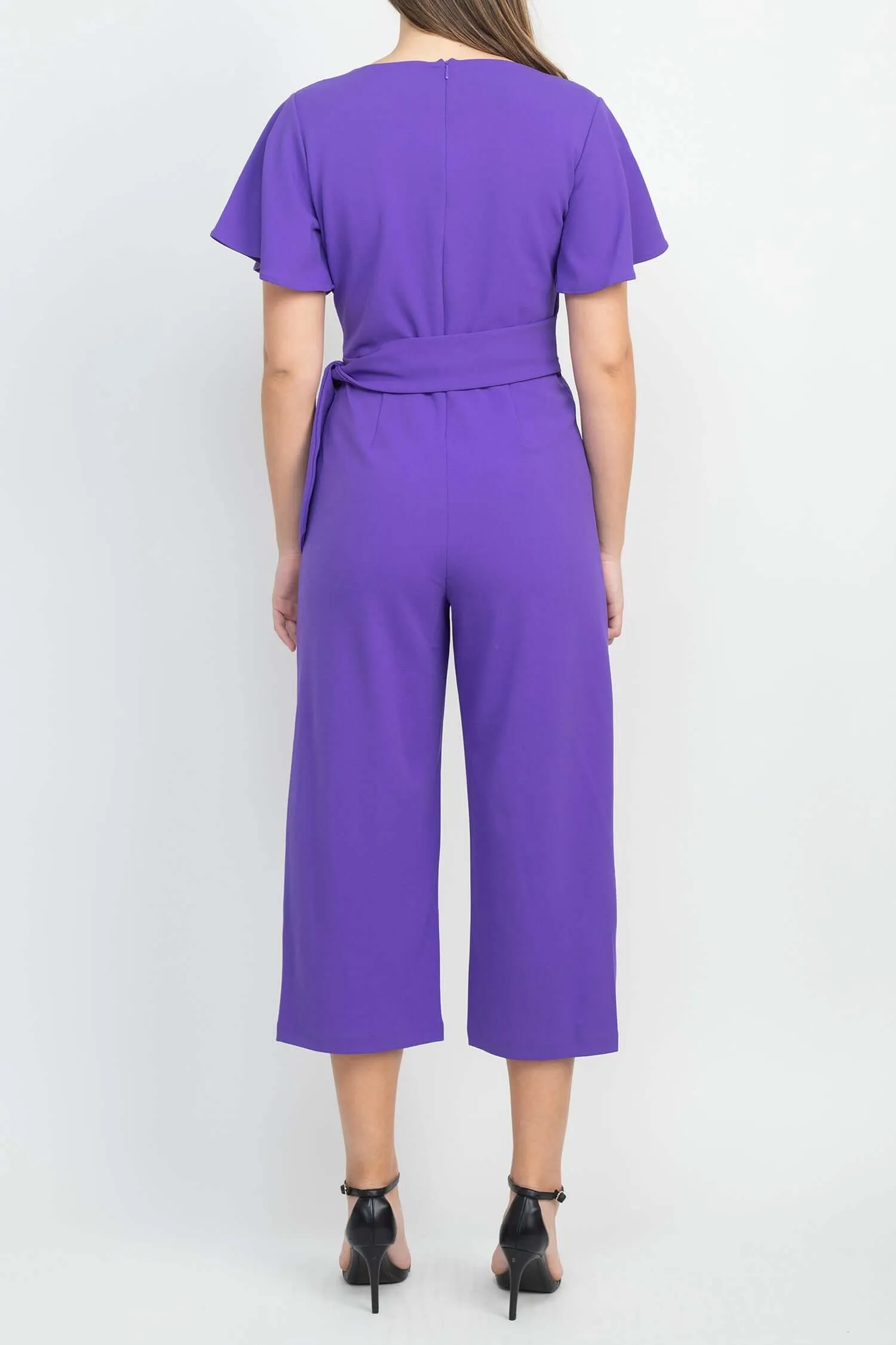 Tahari ASL V-Neck Short Sleeve Tie Side Solid Woven Jumpsuit with Pockets