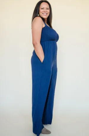 Tall Mallory Smocked Jumpsuit-Navy