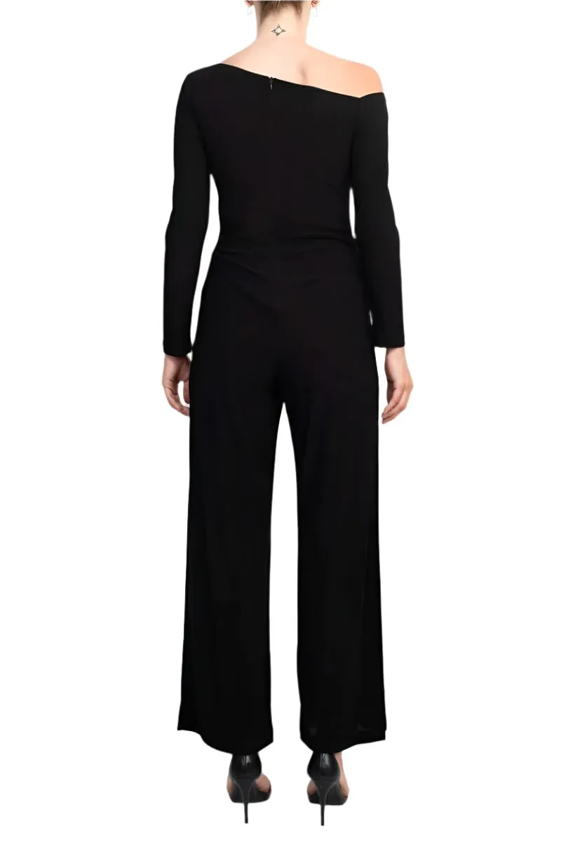 Taylor One-Shoulder Long Sleeve Zipper Back Solid Stretch Crepe Jumpsuit