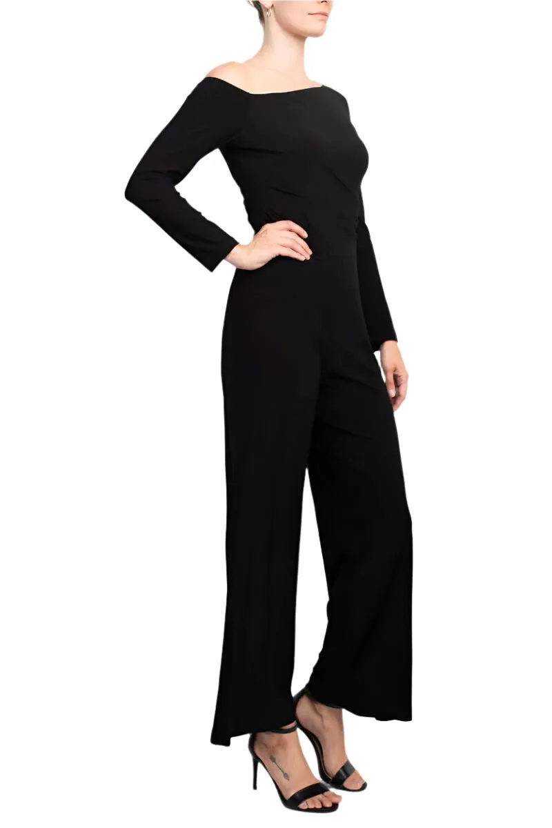 Taylor One-Shoulder Long Sleeve Zipper Back Solid Stretch Crepe Jumpsuit