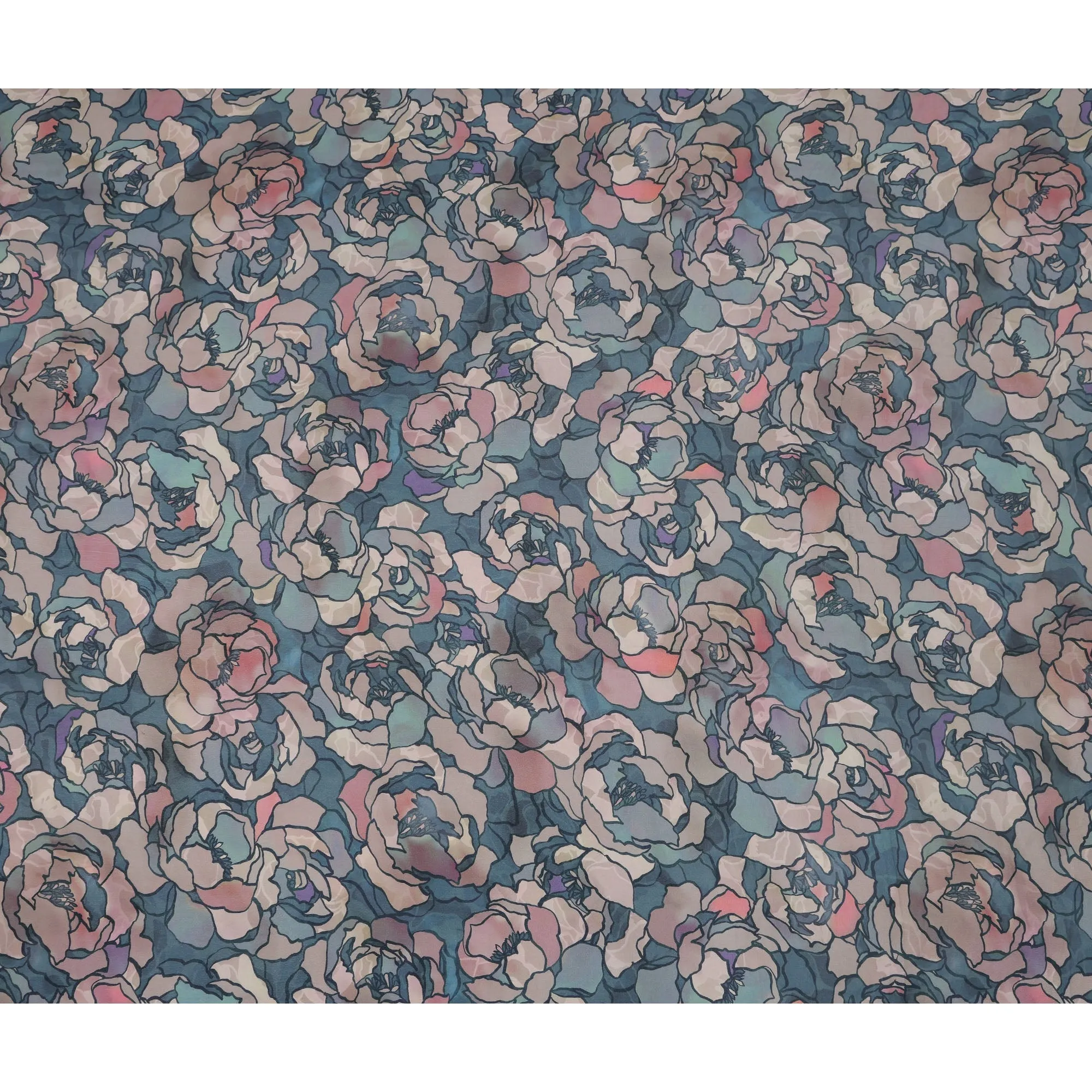 Teal Blue Viscose Digital Printed Fabric with Floral Outline Design, 110 cm Width-D21300