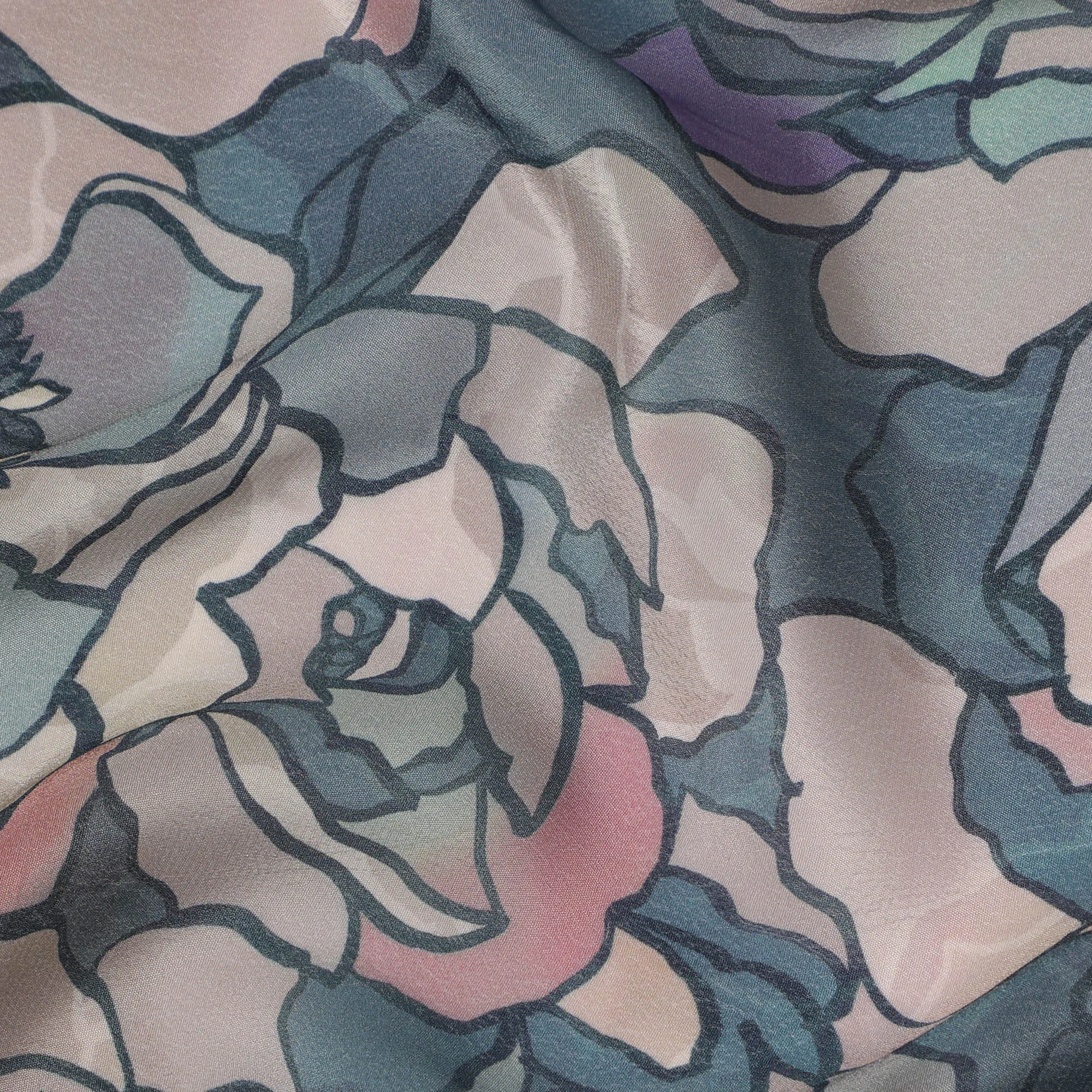 Teal Blue Viscose Digital Printed Fabric with Floral Outline Design, 110 cm Width-D21300