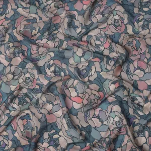 Teal Blue Viscose Digital Printed Fabric with Floral Outline Design, 110 cm Width-D21300