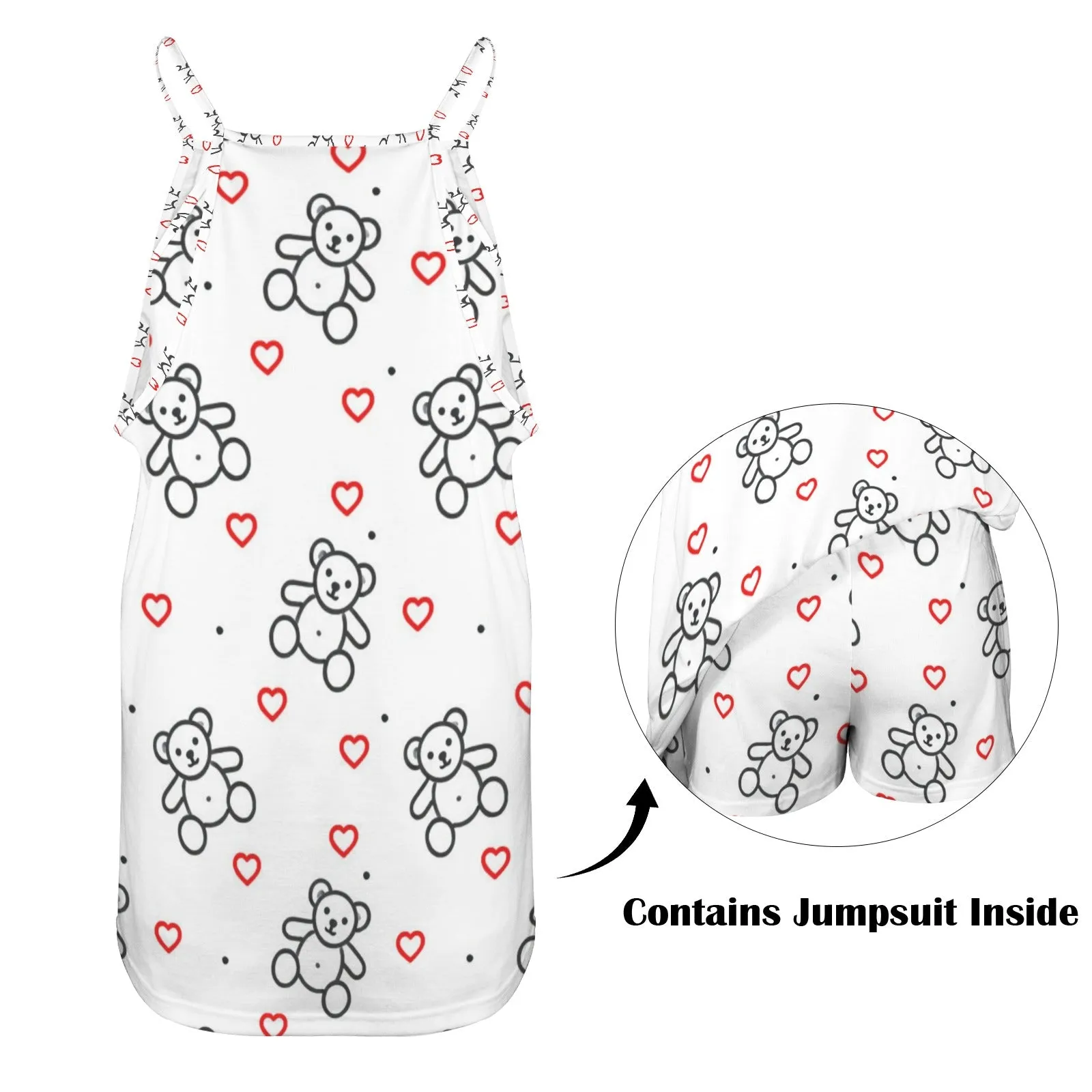 teddy bear and hearts print 2A Women's Double-Layered Camisole Dress (Model D70)