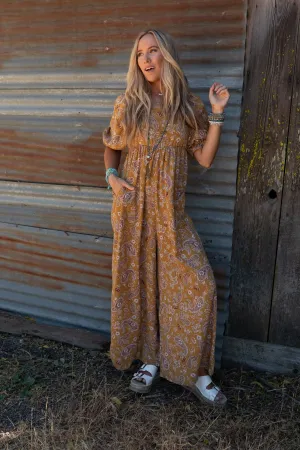 The Nest Charlotte Printed Wide Leg Jumpsuit - Mustard Paisley