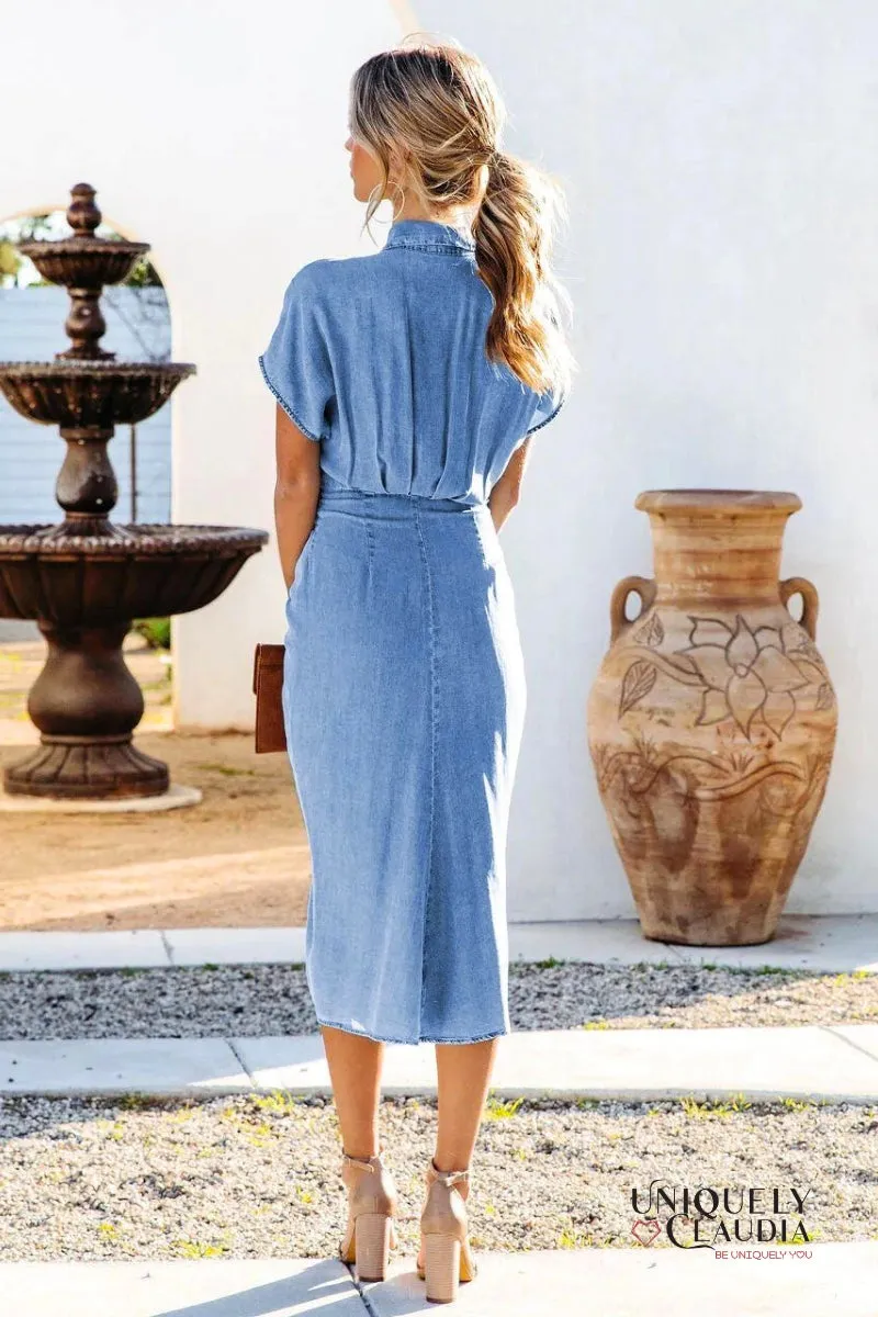 Tiana Short Sleeves Waist Tie Daily Midi Dress