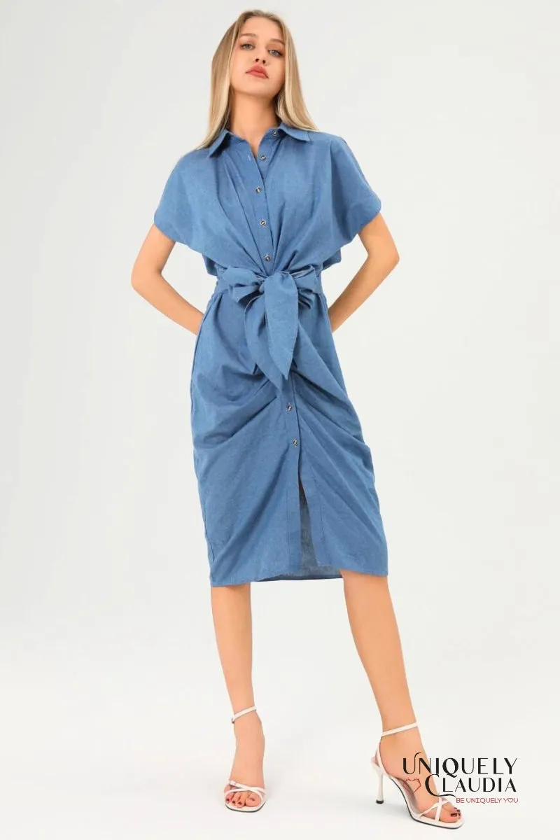 Tiana Short Sleeves Waist Tie Daily Midi Dress