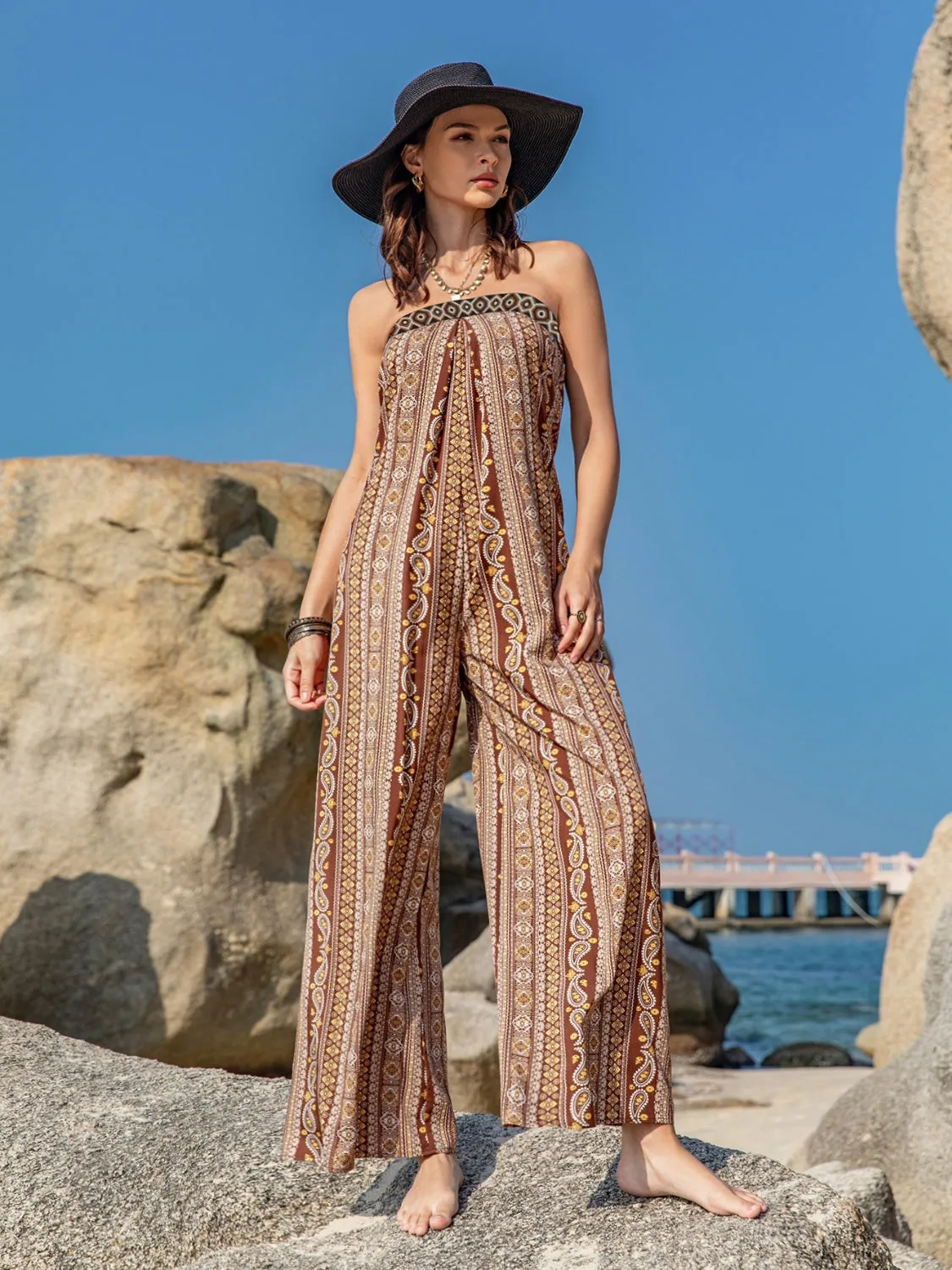 Tied Printed Tube Wide Leg Jumpsuit