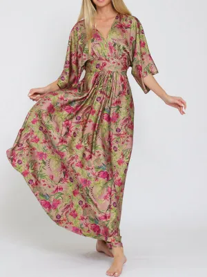 Tropical Escape Silk V-Neck Kimono Dress in Mauve/Passion