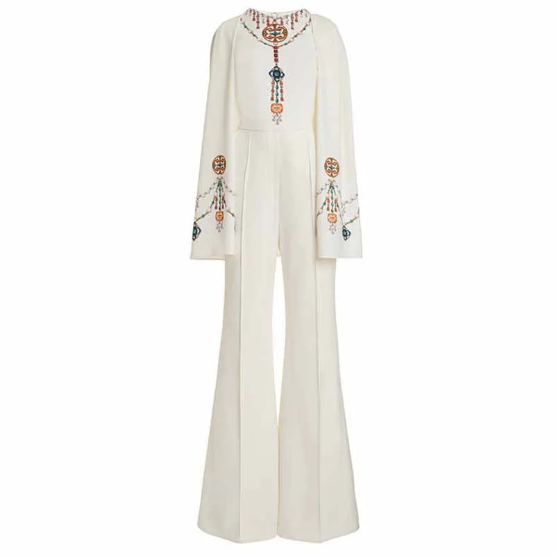 Trumpet Sleeved Jumpsuit White Heavy-duty Diamond Studded Jumpsuit Beaded One Piece Suit