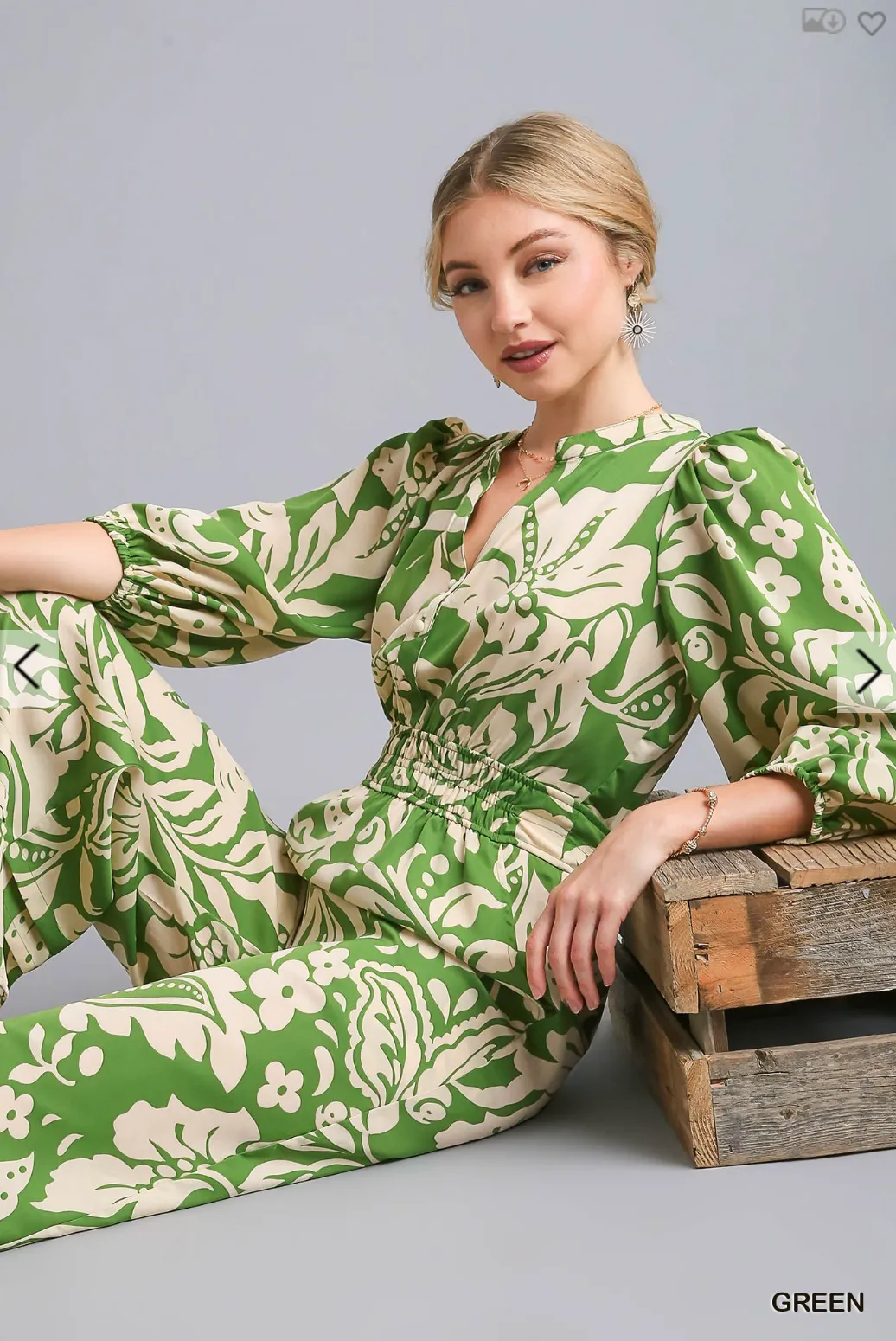 Two Tone Print Balloon Sleeve Jumpsuit - Green