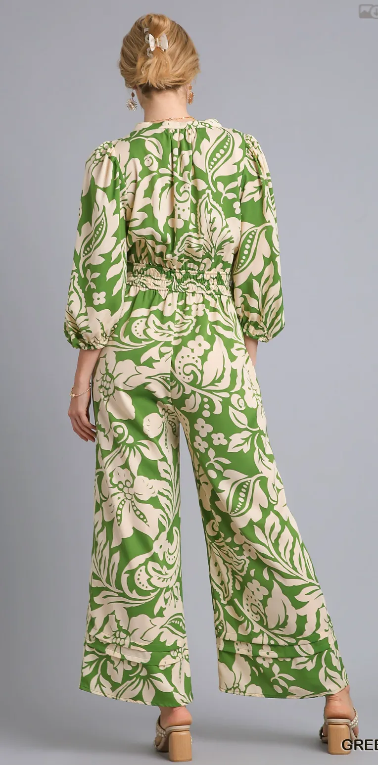 Two Tone Print Balloon Sleeve Jumpsuit - Green