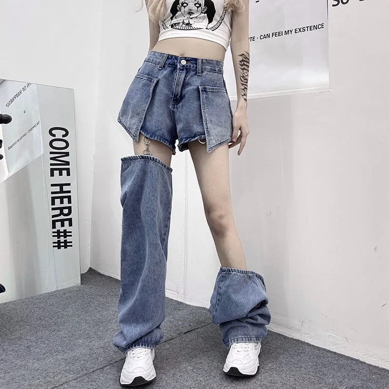 Uniwim  Jeans Women's Straight Tube Loose Summer New Personality Detachable Shorts High Waist Retro Skinny Wide Leg Jeans