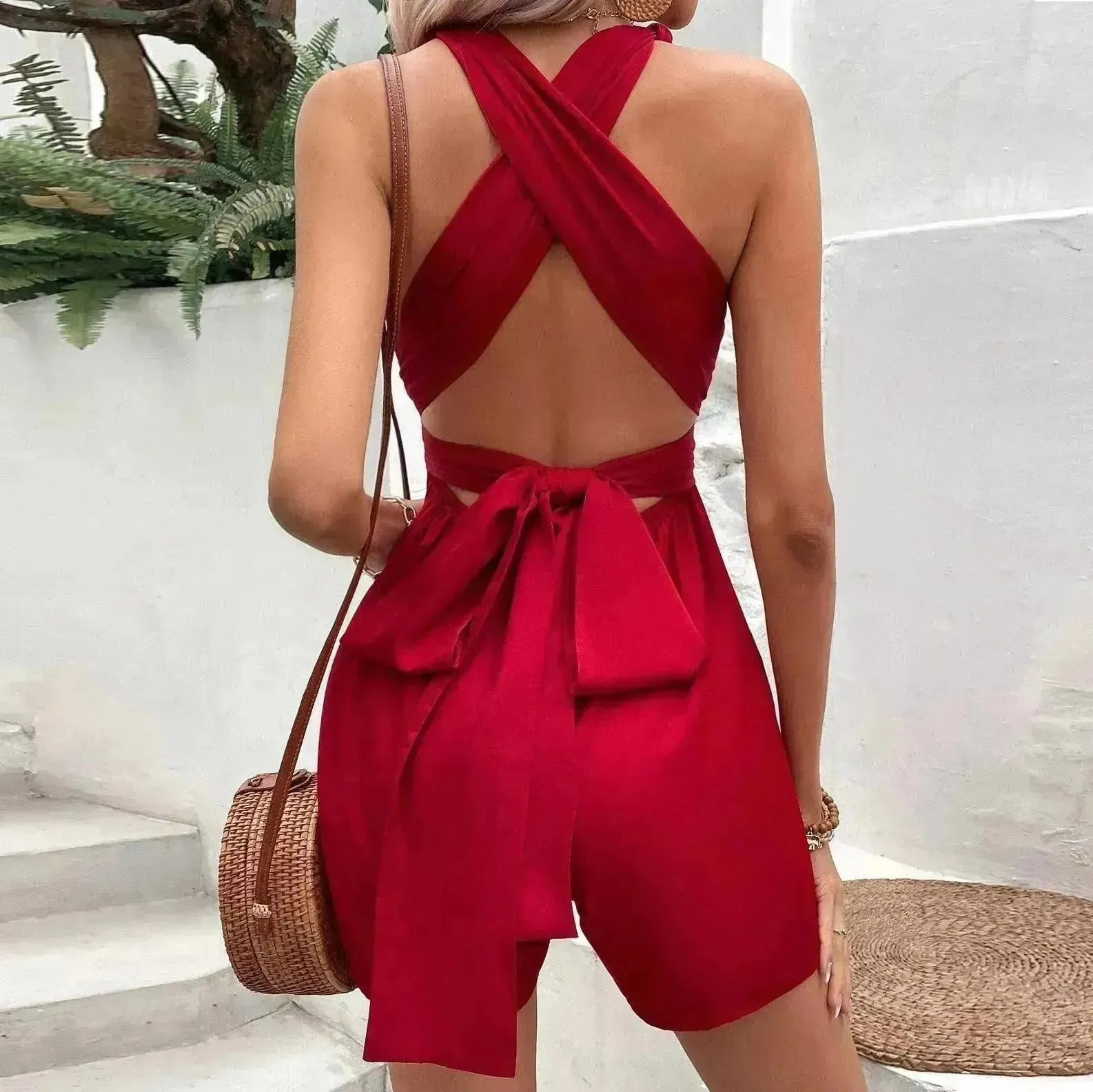 V-neck Charming Lace-up Waist Backless Elegant Sweet Women's Jumpsuit